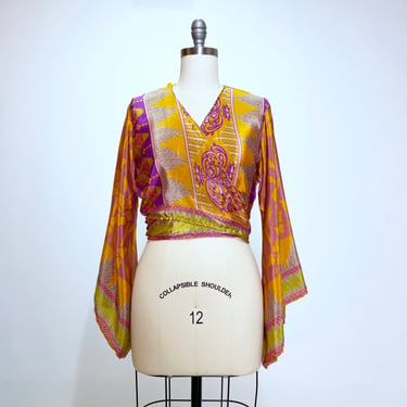 Bell Sleeve Sari Crop in Iris Garden