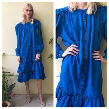 80s Denim Dress / Tunic Oversized Dress / Jean Dress / Bright Blue Dress with Frills / Frilly Hem Dress / Chez Fashions Dress 