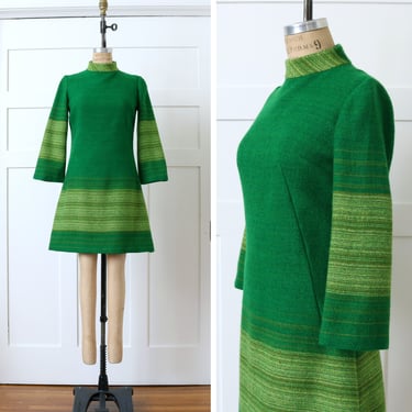 vintage 1960s bright green mod dress • hand woven 100% wool bell sleeve A-line winter dress 
