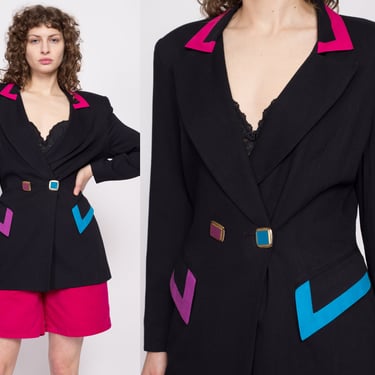80s Black Color Block Blazer - Medium | Vintage New Wave Fitted Waist Long Sleeve Collared Suit Jacket 
