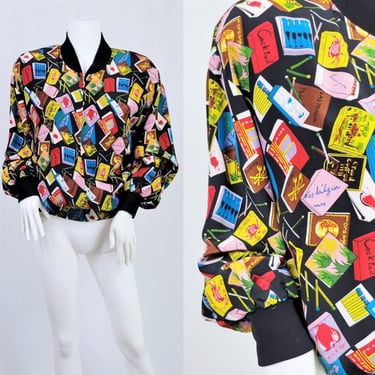 1990's Spenser Jeremy Silk Matchbook Print Bomber Coat I Jacket I Sz Med I Novelty Print 