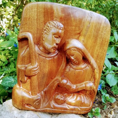 Wood Nativity Carving~Jesus in Manger, Mary Joseph Hand Carved Wood~All in One Nativity Creche~Holiday Decor~JewelsandMetals. 