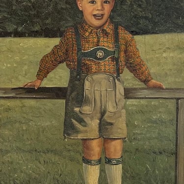 Oil on Board - Portrait of Young Boy in Lederhosen Early 20th Century - Free Shipping 