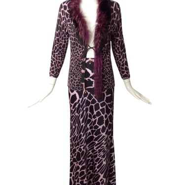 ROBERTO CAVALLI- 2pc Animal Print Fur Trimmed Ensemble, Size 8