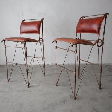 Rustic Pair of Leather Bar Stools by Ilana Goor 