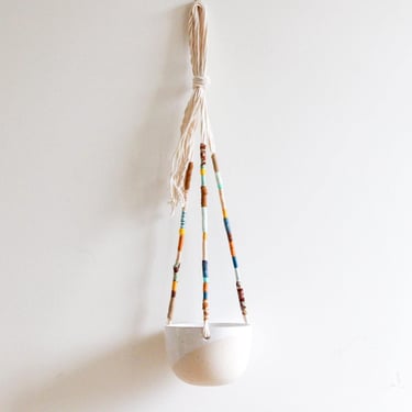 Handmade Hanging Ceramic Planter - Speckled White Flower Pot - Clay Basket Hanger - Modern Pottery - Indoor Ceiling Garden 