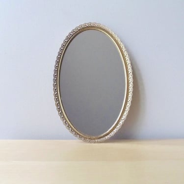small oval filigree golden brass mirror tray 