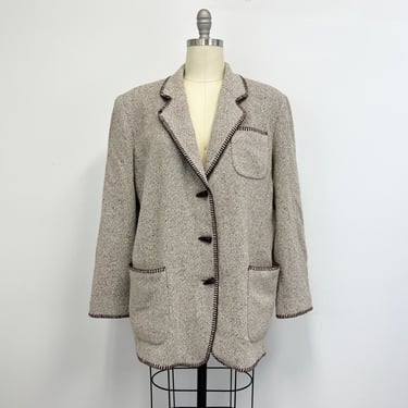 Vintage Womens  Boxy Wool Tweed Blazer With Blanket Stitching | Size XL 