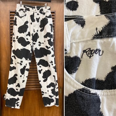 Vintage 1980’s w27 “Roper” Cow Animal Print Western New Wave Denim Jeans Pants, 80’s Vintage Clothing 