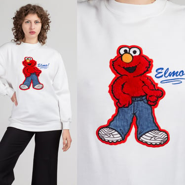 90s Fuzzy Elmo Sweatshirt - Men's Small, Women's Medium | Vintage White Sesame Street Retro Cartoon Pullover 
