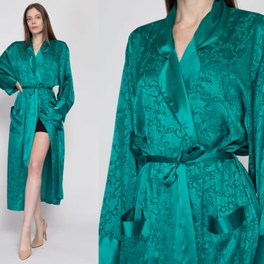 Large 90s Victoria's Secret Jade Green Jacquard Satin Robe | Vintage Leaf Print Boho Loungewear Belted Maxi Kimono 