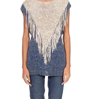 1970S Blue & White Suede Knit Leather Strips Top With Fringe 