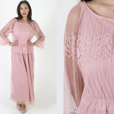 70s Cotton Candy Pink Lace Dress / Sheer Floral Scallop Hem / Elegant Plain Bell Sleeve Romantic Gown / Wedding Bridesmaid MOTB Maxi 