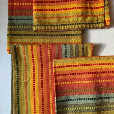 Vintage Cloth Napkins, Striped, Orange Green Teal, Fall Colors, Set Of 4, 19