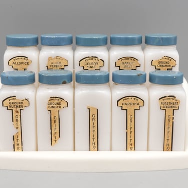Griffith's Milk Glass Spice Jars & Rack | Vintage Griffith Laboratories Kitchenware 
