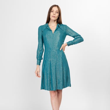 XS 60s Teal Blue Metallic Mini Dress | Vintage Pointed Collar Long Sleeve Fit & Flare Dress 