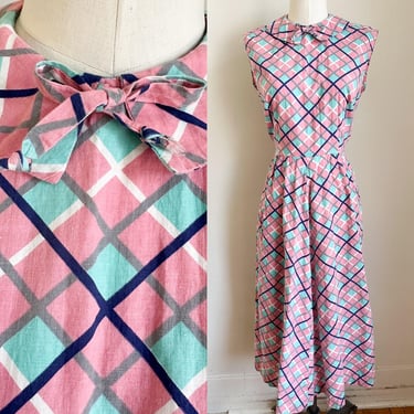 Vintage 1930-40s Pink & Blue Check Cotton Dress / L 