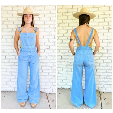 Weekender Overalls // vintage 70s denim boho hippie jeans medium light wash high waist dress jumpsuit 1970s bell bottom bottoms // S/M 