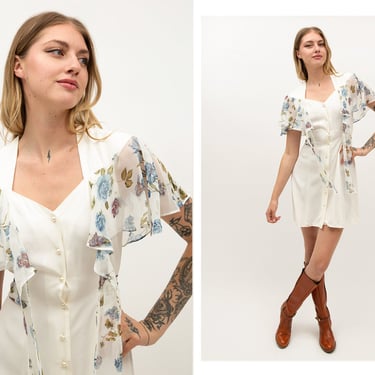 Vintage 1980s 80s 1990s 90s White Blue Sheer Floral Flutter Sleeve Mini Dress w/ Cape Square Sweetheart Neckline, Pearl Buttons 
