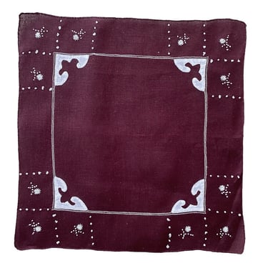 Unusual vintage handkerchief. Dark maroon linen hankie with white hand embroidered flowers, dots, applique work and pulled threads. 