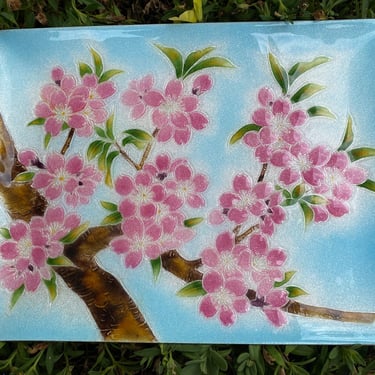 Beautiful Enamel over Copper pink dogwood tray by Tutanka~ Amazing Japanese Cloisonne Enamelware and Glass~ Asian Decor Rectangular Plate 