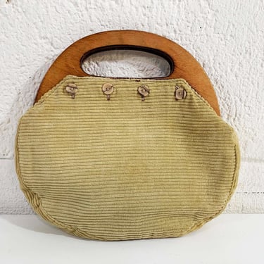 Vintage Corduroy Bag 60s Purse Aristocrat 1960s Handbag Purse Fabric Tan Wood Handles Brown 1970s 70s Mini Small 