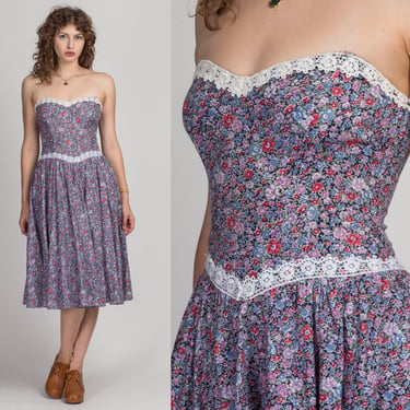 70s Gunne Sax Strapless Floral Party Dress - Small | Vintage Fit & Flare Princess Waist Crochet Lace Midi Dress 