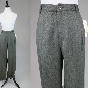 Vintage NWT Pleated Cuffed Wool Trousers - 31-32" waist - Deadstock - Muted Dark Green Herringbone Lambswool - Deane & White - Vintage 1990s 