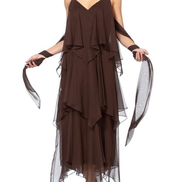 1970S ANTHONY MUTO Chocolate Brown Polyester Chiffon Disco Flapper Dress With Sash 