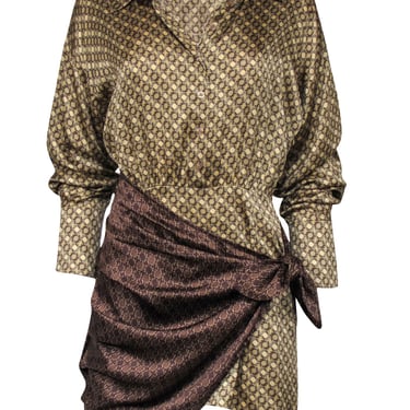 L'Academie - Gold & Brown Print Satin Mini Shirtdress w/ Tie Wrap Contrast Overlay Sz M