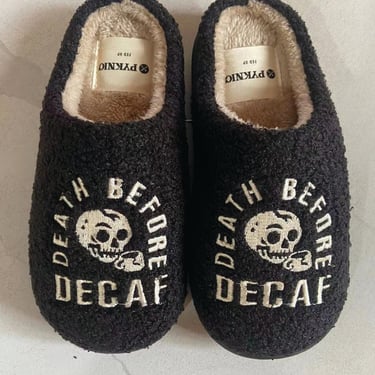 Death Before Decaf Slippers by Pyknic | Comfy, Plush Warm Fleece Slippers for Coffee Lovers, Foodies, Tattoo Art, Coffee Mug 