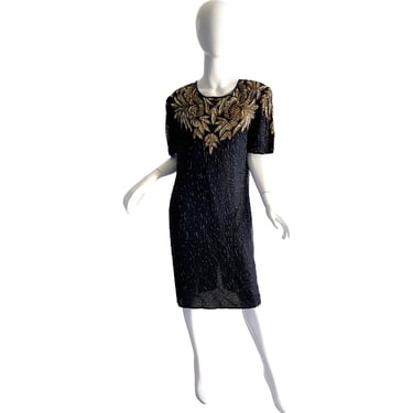 80s Vintage Sequin Silk Dress / Beaded Shiny Gold Party Dress / 1980s Disco Glam Cocktail Dress 