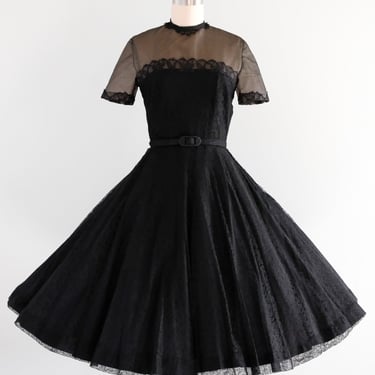 Stunning 1950's Black Illusion Lace Silk Party Dress / Sz S