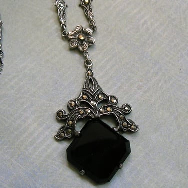 Antique 1930's Art Deco Sterling Marcasite and Onyx Necklace, Old Art Deco Necklace, Sterling Marcasite and Onyx Necklace (#4270) 