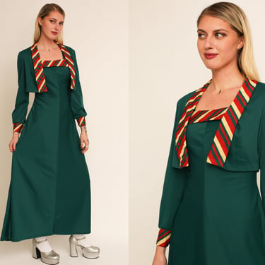 Vintage 1970s 70s Deep Green Two Piece Sleeveless Maxi Dress w/ Long Sleeve Bolero Set 