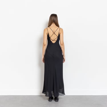 BLACK SLIP DRESS Spaghetti Straps Plunging Back Backless Vintage Poly Holiday Party NyE Cocktail Dresses / Small Medium 