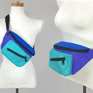 VINTAGE 90s Turquoise, Blue & Pink Heavy Nylon Fanny Pack or Crossbody Bag by Confetti | 1990s Belt Pouch Bag | VFG 