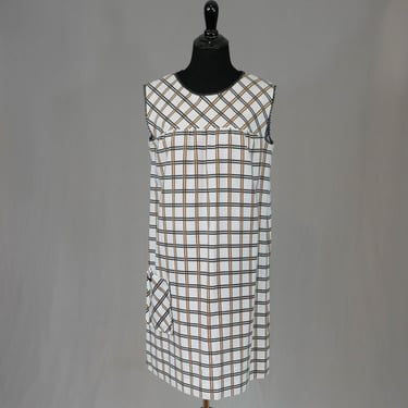 60s Windowpane Dress - Sleeveless White Black Brown Shift - Batelli - Vintage 1960s - M L 
