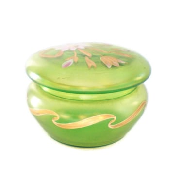 Art Nouveau glass powder jar / trinket bowl. Enameled floral on frosted green satin glass vintage vanity box. 
