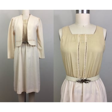 Vintage 70s/ 80s 3 Piece Dress Set w/ Jacket and Leaf Belt Beige and Cream 1980s Jerell S 
