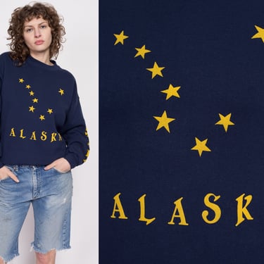 90s Alaska Constellation Sweatshirt - Men's Medium, Women's Large | Vintage Navy Blue Big Dipper State Flag Graphic Tourist Crewneck 