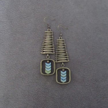 Bronze geometric earrings, statement earrings, chunky bold earrings, etched metal earrings, teal arrow earrings, mid century modern 
