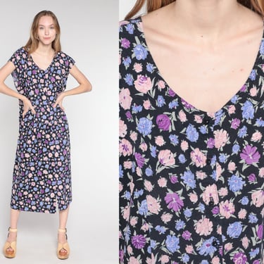 Floral Midi Dress 90s Button Up Day Dress Retro Shirtdress Cap Sleeve Black Purple Pink Blue Flower Print Garden Party Vintage 1990s 2xl xxl 