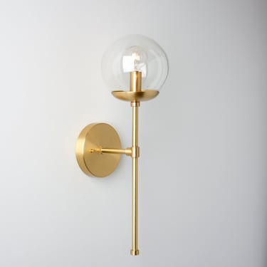 Mid Century Modern Lighting - Wall Sconce - Clear Hand Blown Glass - Brass fixture 
