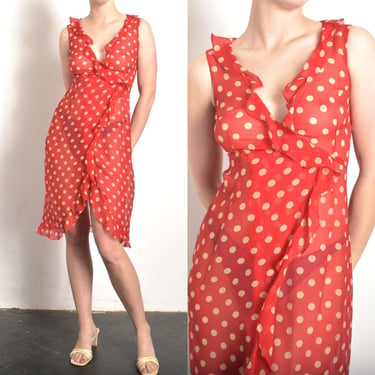 Vintage Y2K Dress / 2000s Polka Dot Silk Wrap Dress / Red White ( XS S ) 