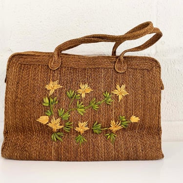 Vintage Straw Tote Bag Woven Tote Floral Top Handle Beach Weekender Carryall Brown Jute Boho Weave Purse Handbag Purse Yellow 1960s 60s 
