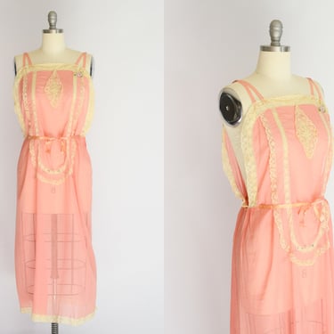 Antique 1920s/30s Cotton and Lace Dress | S/M | Antique/Vintage Pink Lingerie Nightgown Slip Dress 