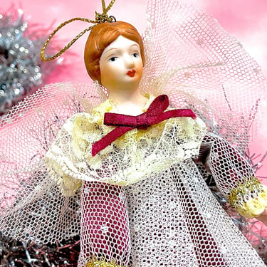 VINTAGE: Angel Tree Topper - Porcelain Fabric Christmas Doll Ornament 