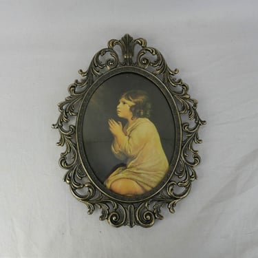60s Ornate Framed Print of Young Girl Praying - Convex Glass - Vintage Wall Art - total of almost 13.5" tall 