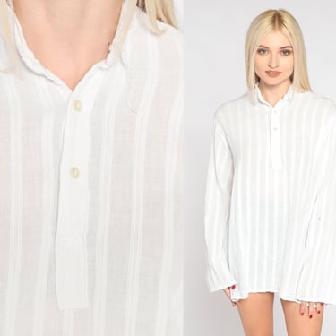 White Tunic Top 70s Semi-Sheer Striped Blouse Cotton Gauze Half Button Up Shirt Long Sleeve Collared Hippie Summer Vintage 1970s Medium M 